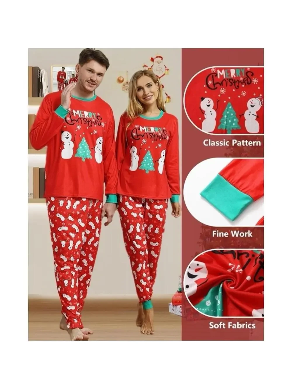 Men’s Large Christmas Pajama Set 2pc Long Sleeve Pj Snowman Tree Sleepwear NEW